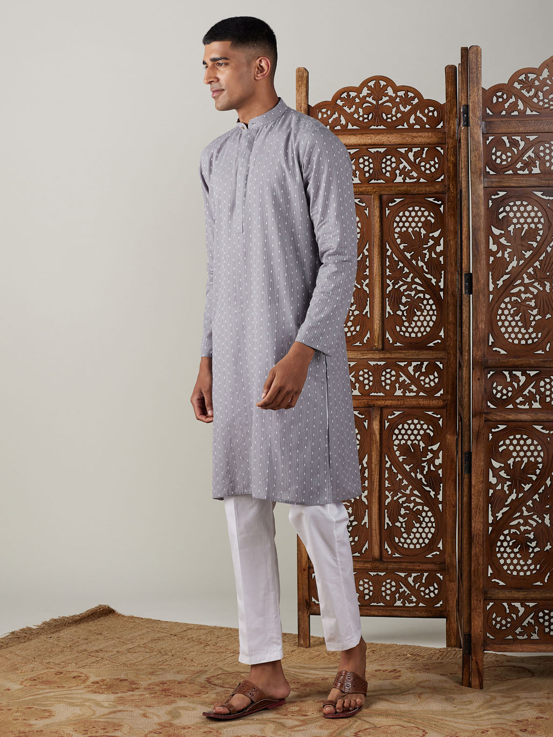 Shvaas by Vastramay Men's Grey And White Cotton Kurta Pyjama Set - Distacart