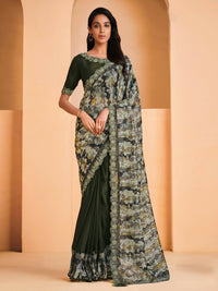 Thumbnail for Green Satin Crepe Silk Sequence Embroidered Saree With Unstitched Blouse - Mohmanthan Yavanika - Distacart