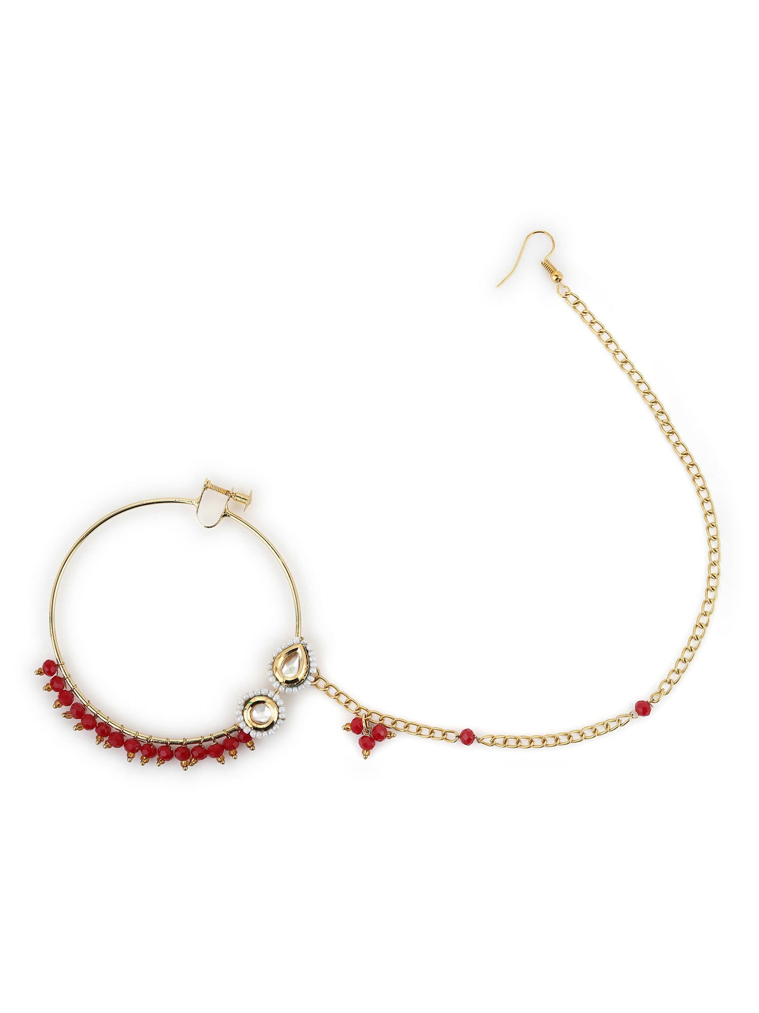Gold-Plated White Red Kundan-Studded Pearl Beaded Nosepin - Ruby Raang - Distacart