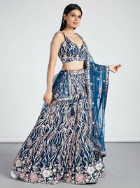 Thumbnail for House of Panchhi Navy Blue Net Sequins And Thread Embroidery Lehenga Choli & Dupatta - Distacart