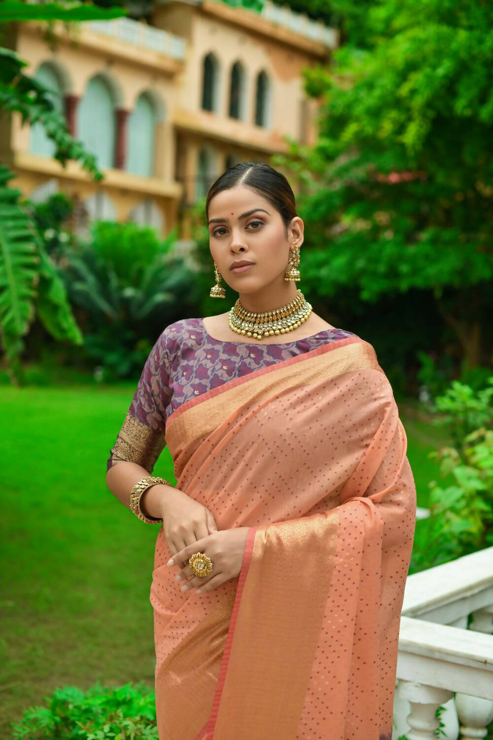 Vishnu Weaves Women's Orange Linen Cotton Bandhani Woven Saree with Blouse - Distacart