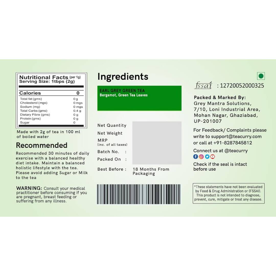 Teacurry Earl Grey Green Tea Bags - Distacart