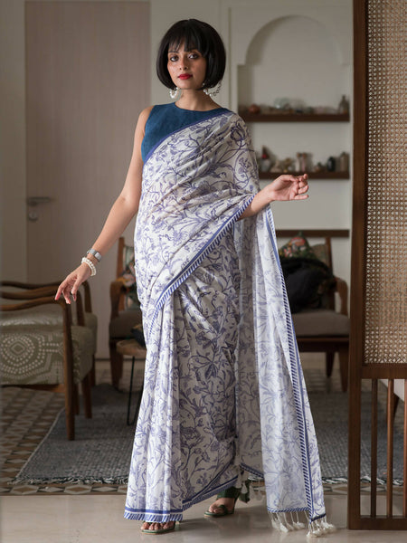 Suta White Floral Pure Cotton Saree - Distacart