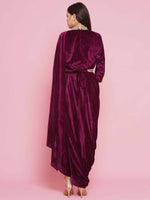 Thumbnail for Women Republic Burgundy Velvet Kurta With Attached Neckalace,Belt And Pant - Distacart