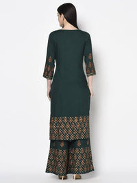 Thumbnail for Aniyah Rayon Bottle Green Color Block Print Straight Kurta Palazzo Set (AN-217K)