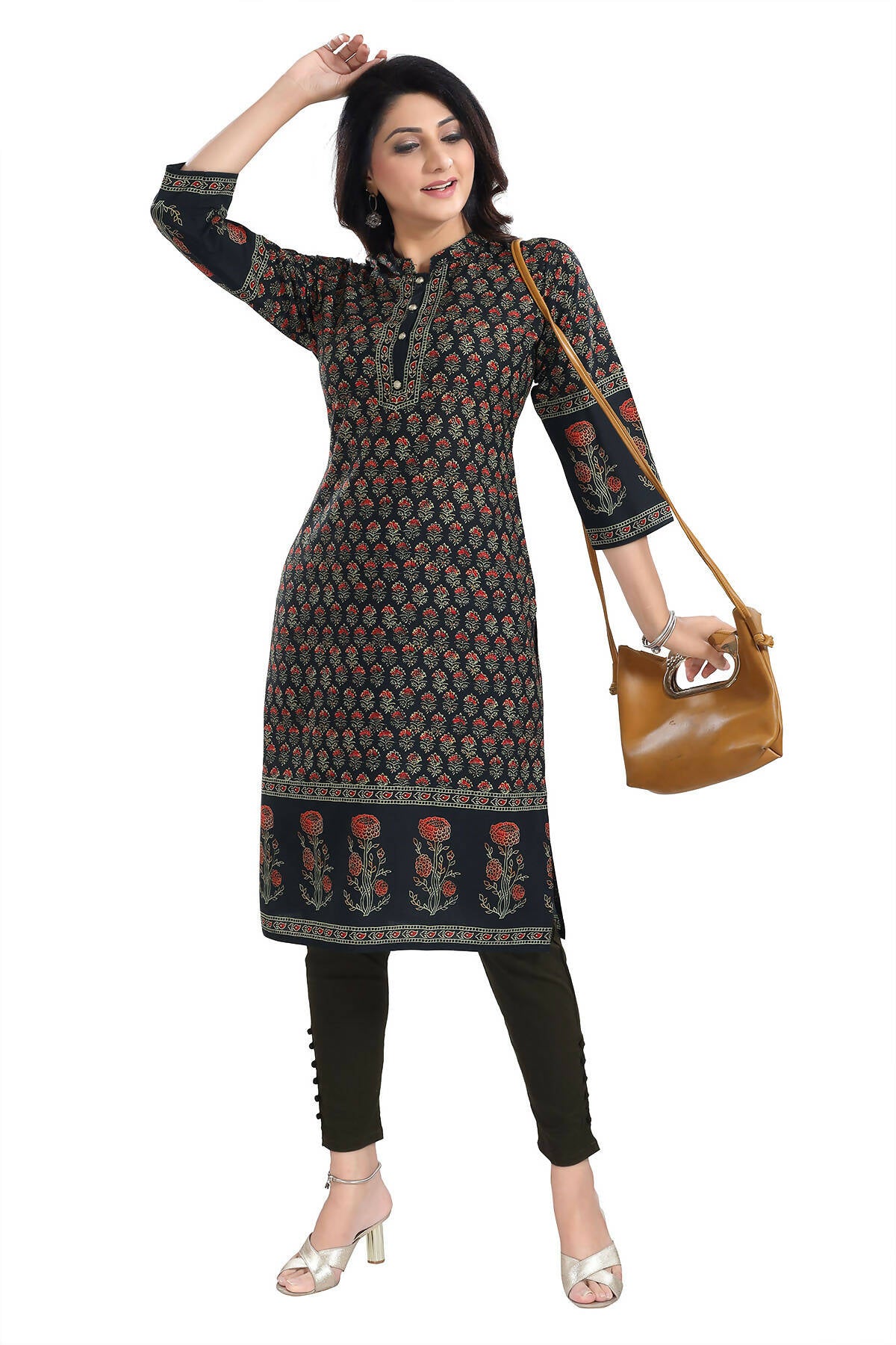Snehal Creations Breathtaking Black Designer Digital Print Cotton Slub Fabric Long Kurti Tunic - Distacart
