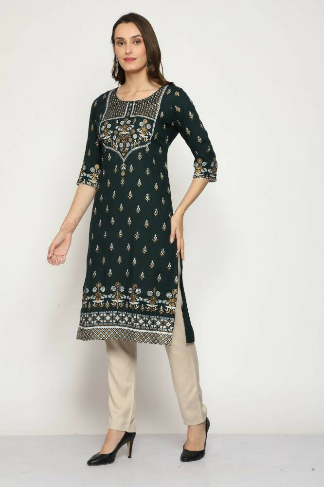 Maai Rayon Hand Printed Kurta Green - Distacart
