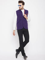 Thumbnail for Even Apparels Purple Wool Men's Nehru Jacket-Contrast Lining-Inbuilt Pocket Square - Distacart