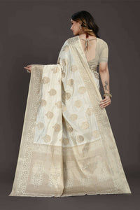 Thumbnail for Off White Pure Raw Silk Zari Woven Saree with Unstitched Blouse Piece - Alisha - Distacart