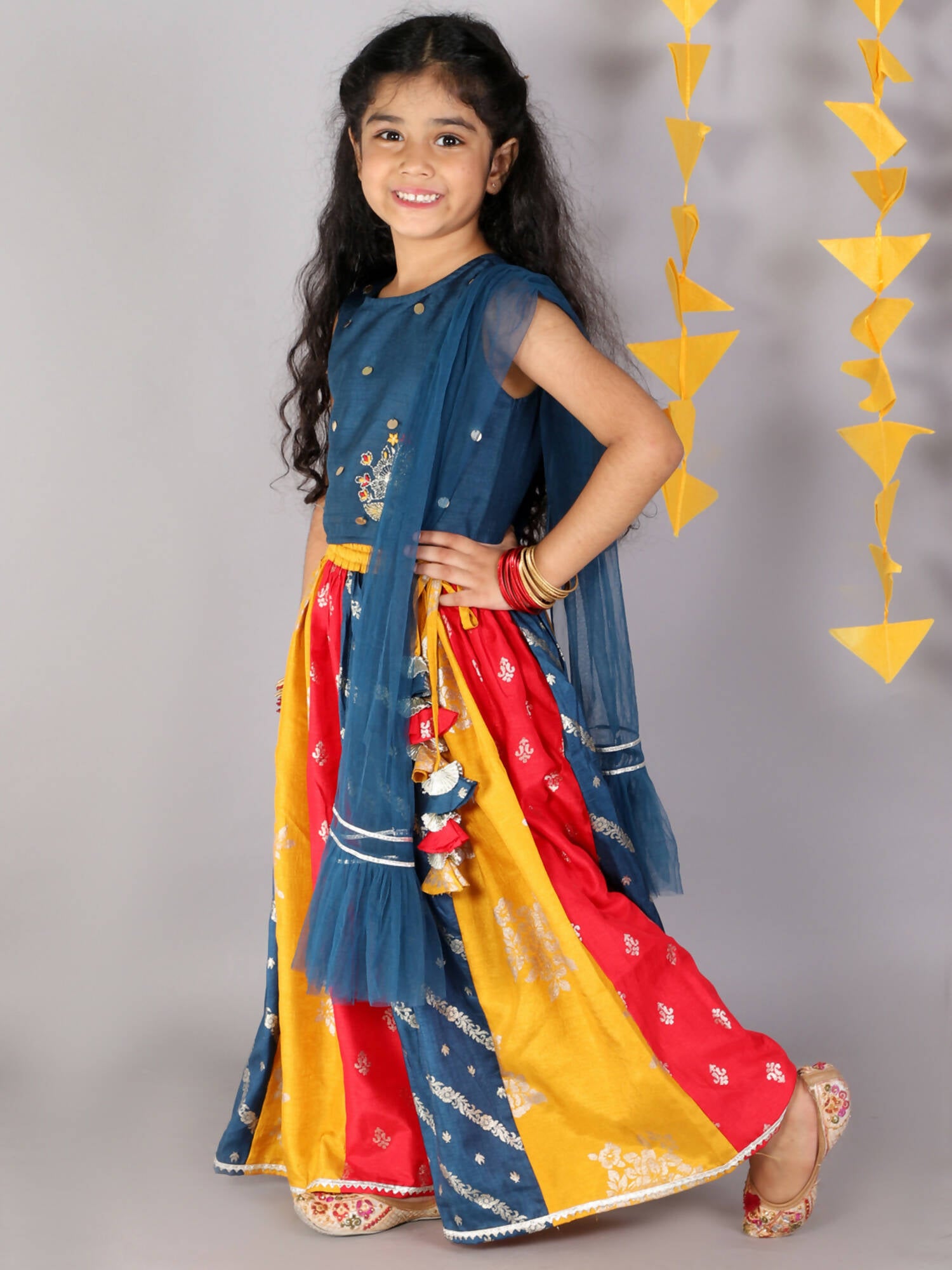 Lil Drama Girls Choli Ghaghra & Dupatta Set - Teal Blue - Distacart