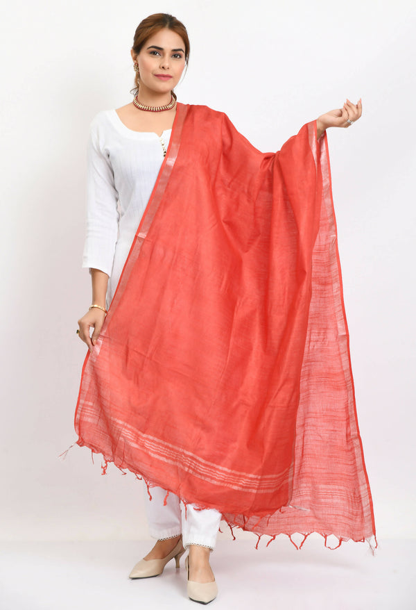Mominos Fashion Moeza Women's Linen Cotton Silver Border Red Dupatta - Distacart