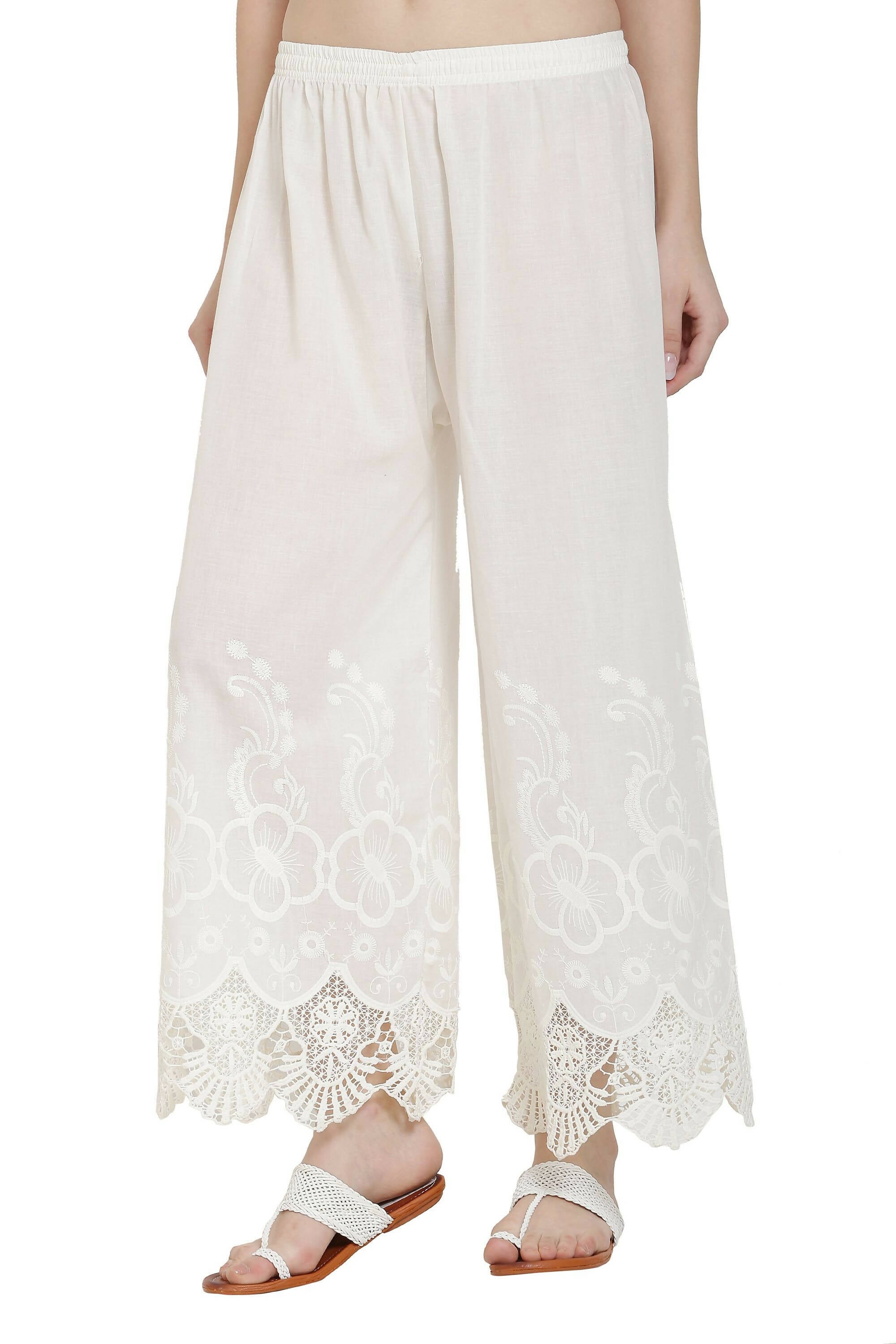 PAVONINE White Color Chikankari Lace Scalloped Hem Cotton Fabric Sharara - Distacart