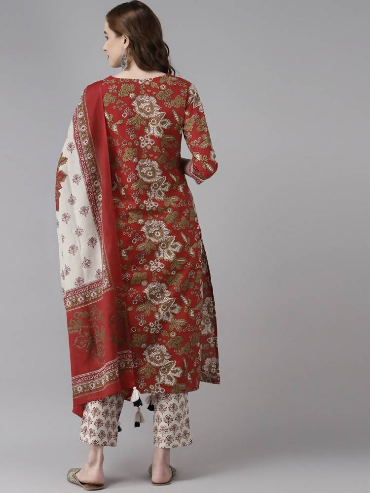 Yufta Women Maroon Floral Printed Regular Thread Work Pure Cotton Kurta with Palazzo & With Dupatta