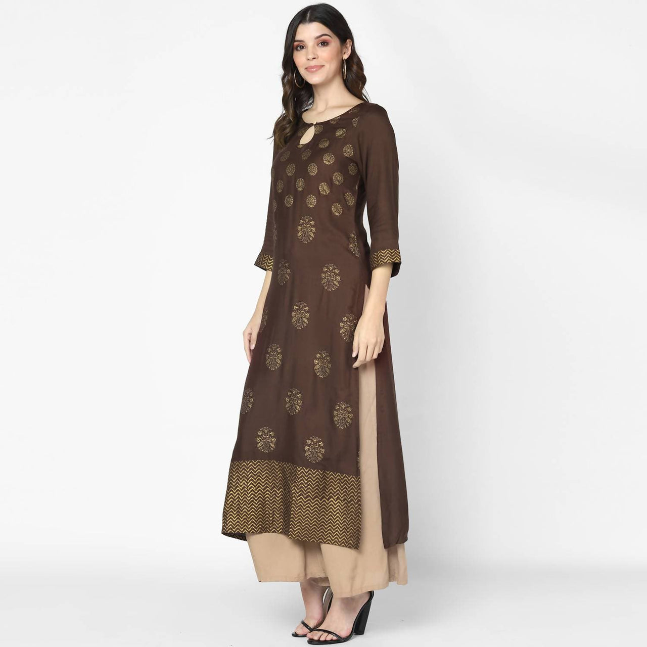 Cheera Hand Block Print Brown & Skin Color Straight Kurta With Palazzo (MAAI-081K)