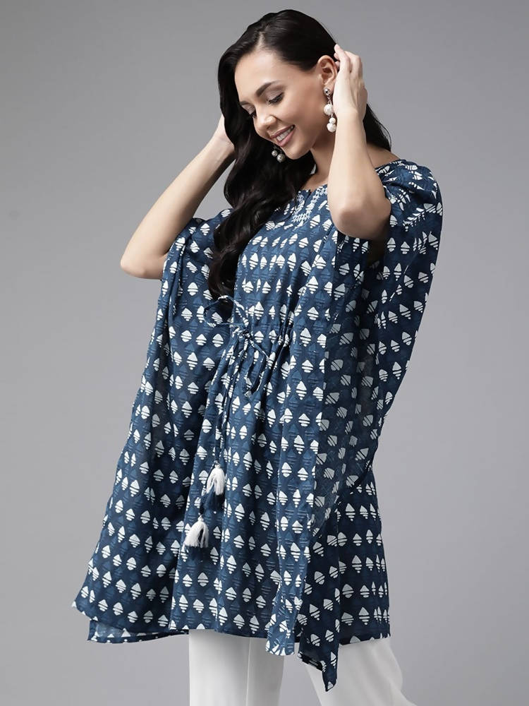 Yufta Women Blue & Offwhite Printed Kaftan Kurta