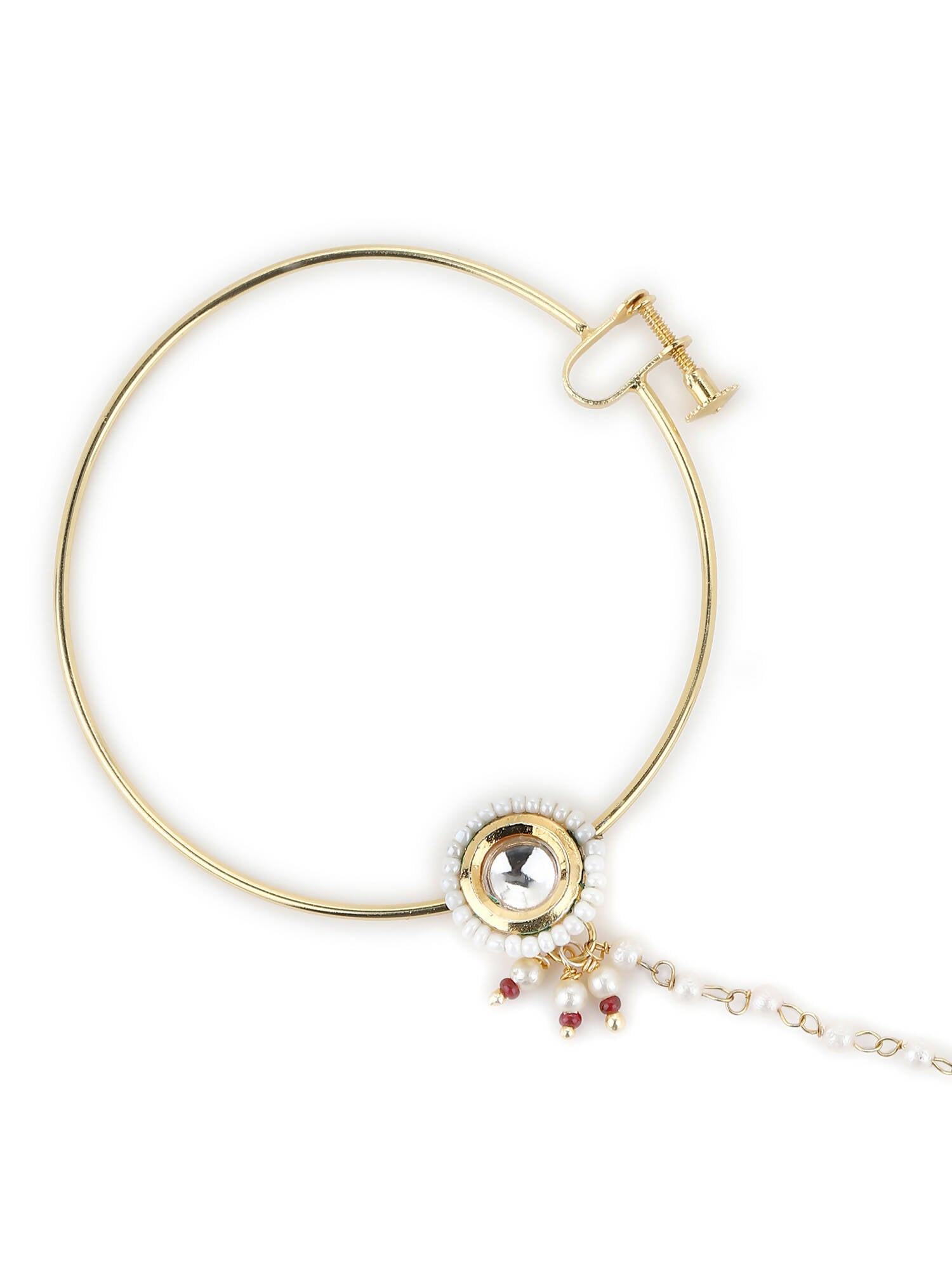 Gold-Plated White Kundan Studded Beaded Nosepin - Ruby Raang - Distacart
