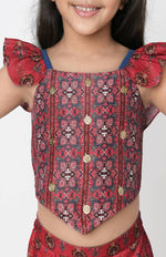 Thumbnail for Lil Drama Ethnic Twist Girls Red Print Box Pleat Pant With Top Co-Ordinate Set - Distacart