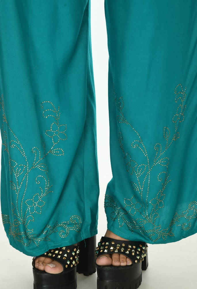 Mominos Fashion Moeza Reyon Cotton Rama Green Color Sirsoki Work Palazzo