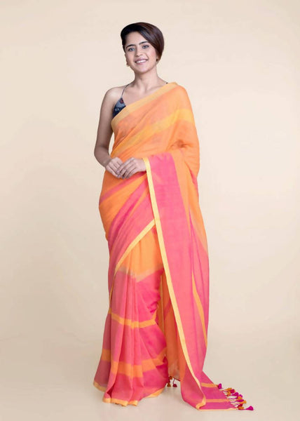 Suta Orange Pink Striped Mul Saree - Distacart
