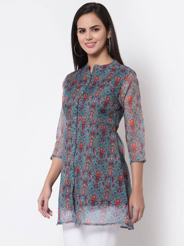 Myshka Women's Beautiful Organza Printed Printed 3/4 Sleeve Round Neck Casual Multicolor Tunic