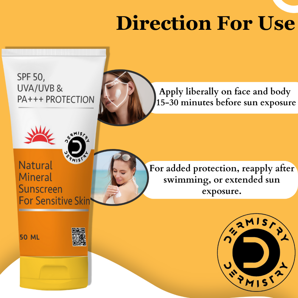 Dermistry Natural Mineral Sunscreen for Sensitive Skin & Children SPF 50 UVA UVB PA+++ Protection - Distacart