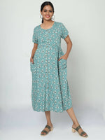 Thumbnail for Manet Short Sleeves Maternity Dress Floral Print With Concealed Zipper Nursing Access - Green - Distacart