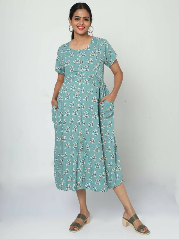 Manet Short Sleeves Maternity Dress Floral Print With Concealed Zipper Nursing Access - Green - Distacart