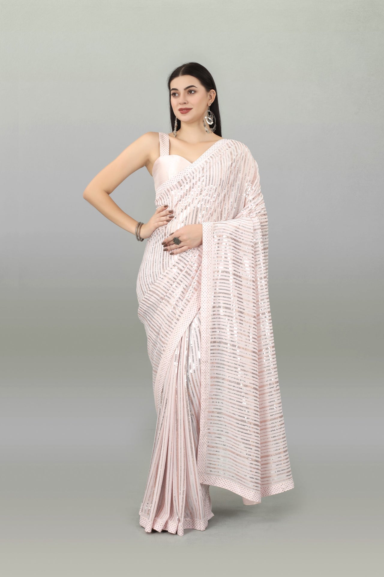 NOZ2TOZ Women Party Wear Sequnce Worked Light Peach Colour Heavy Georgette Saree - Distacart