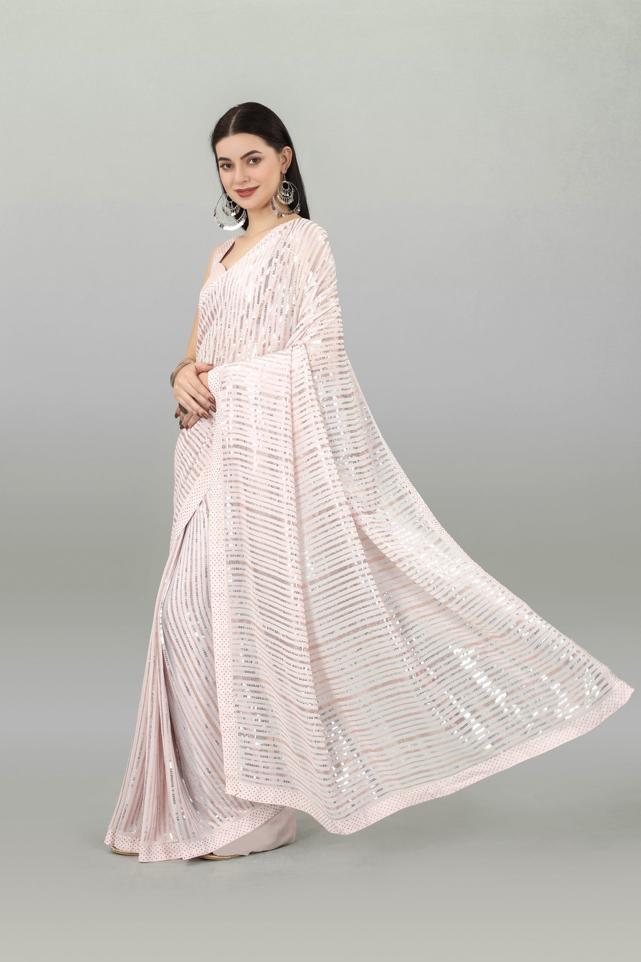 NOZ2TOZ Women Party Wear Sequnce Worked Light Peach Colour Heavy Georgette Saree - Distacart