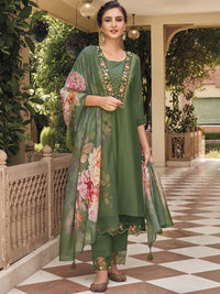 Thumbnail for NOZ2TOZ Women's Muslin Green Party Wear Embroidered Kurta With Pant And Duppata Set - Distacart