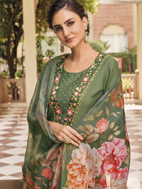 Thumbnail for NOZ2TOZ Women's Muslin Green Party Wear Embroidered Kurta With Pant And Duppata Set - Distacart