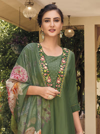 Thumbnail for NOZ2TOZ Women's Muslin Green Party Wear Embroidered Kurta With Pant And Duppata Set - Distacart