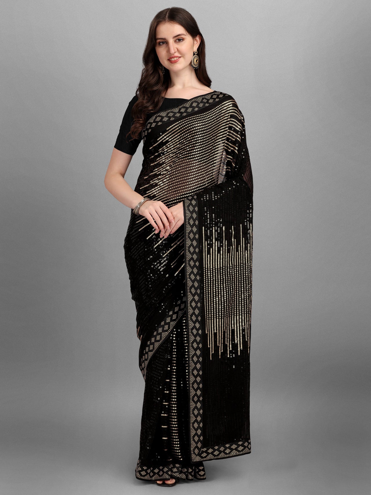 NOZ2TOZ Women Party Wear Sequins Worked Black Colour Heavy Georgette Saree - Distacart