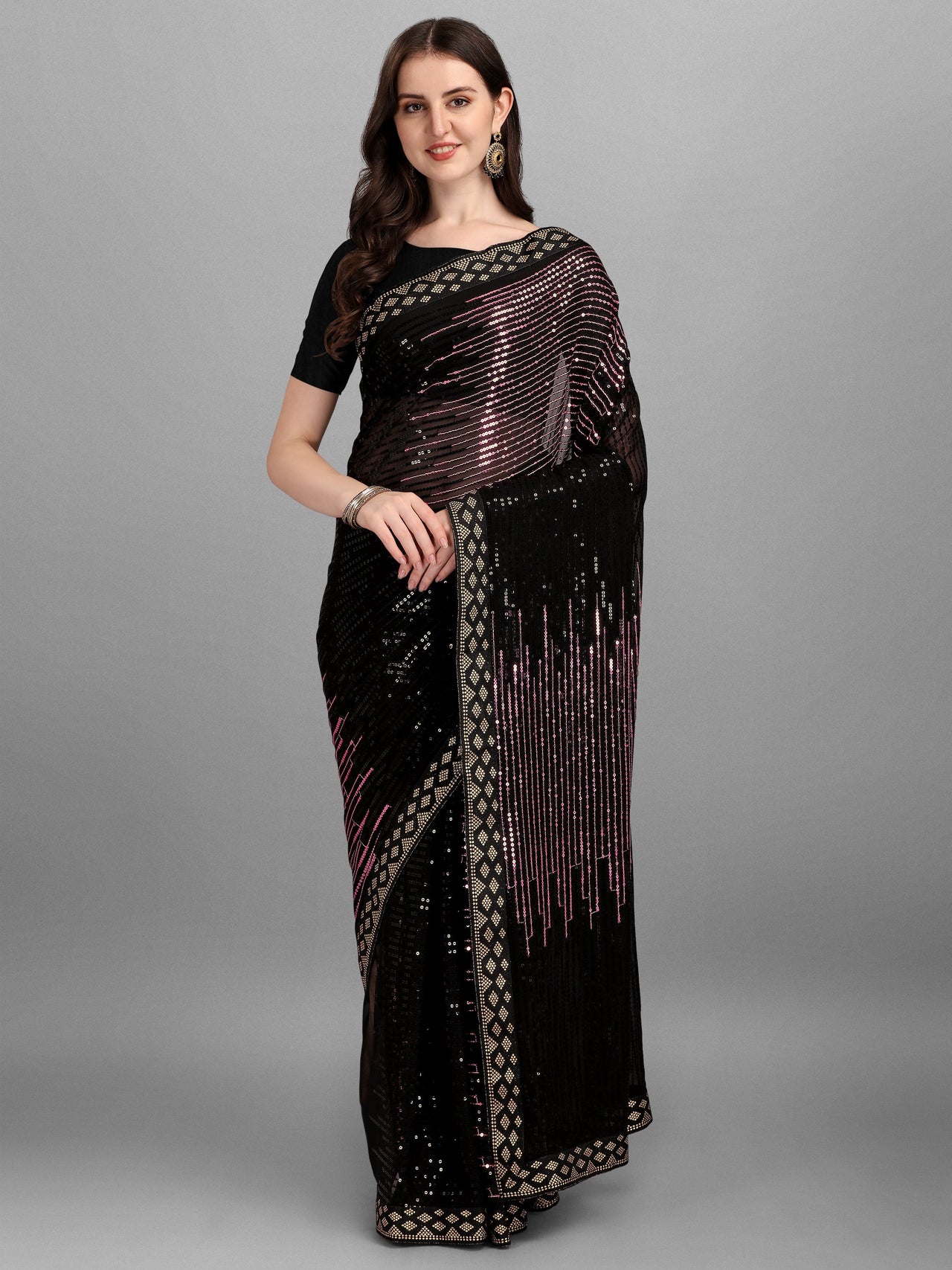 NOZ2TOZ Women Party Wear Sequins Worked Black Colour Heavy Georgette Saree - Distacart