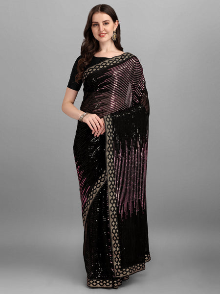 NOZ2TOZ Women Party Wear Sequins Worked Black Colour Heavy Georgette Saree - Distacart