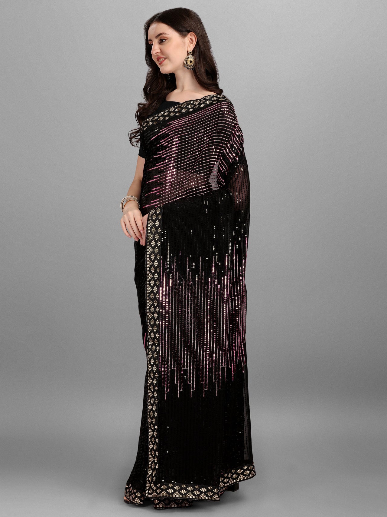NOZ2TOZ Women Party Wear Sequins Worked Black Colour Heavy Georgette Saree - Distacart