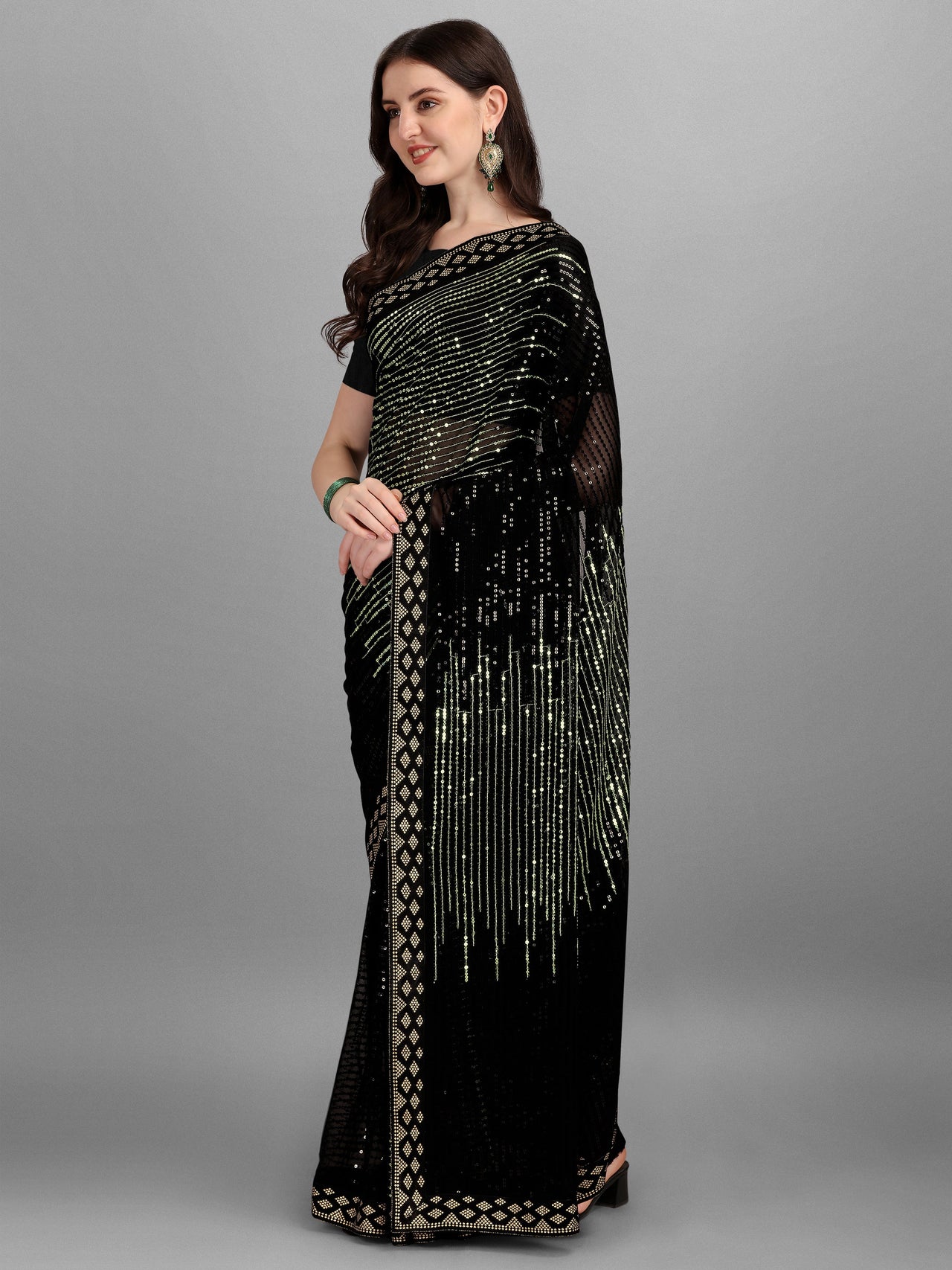 NOZ2TOZ Women Party Wear Sequins Worked Black Colour Heavy Georgette Saree - Distacart