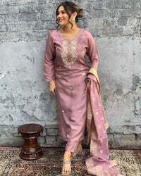Thumbnail for NOZ2TOZ Women's Viscose Chanderi Onion Party Wear Embroidered Kurta With Pant And Duppata Set - Distacart