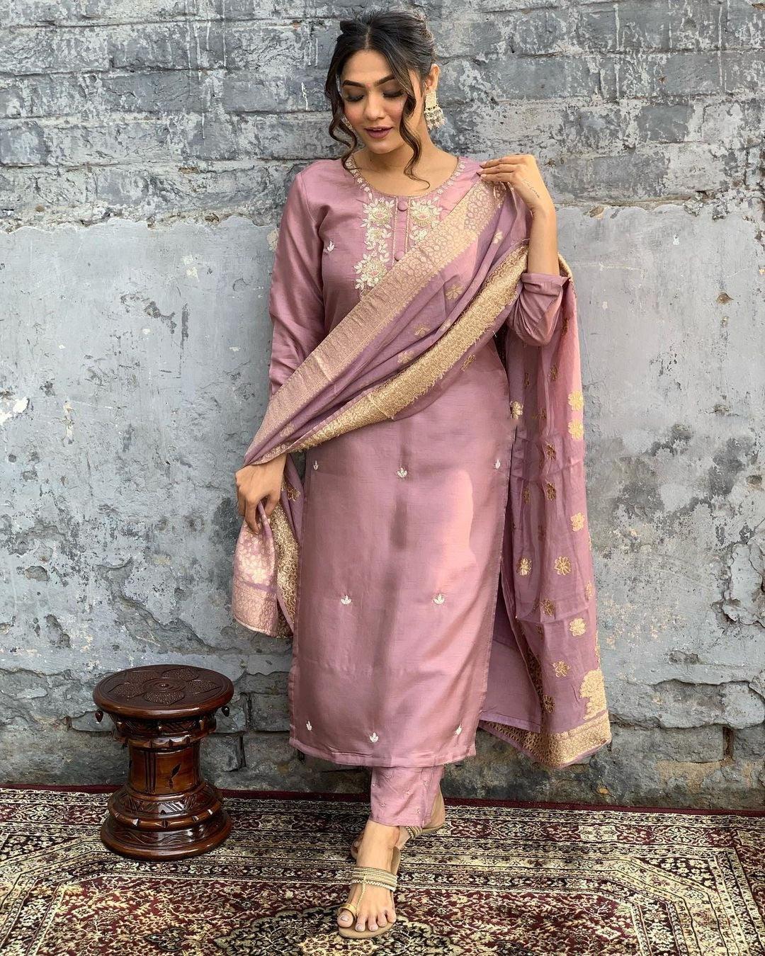 NOZ2TOZ Women's Viscose Chanderi Onion Party Wear Embroidered Kurta With Pant And Duppata Set - Distacart