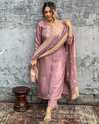 Thumbnail for NOZ2TOZ Women's Viscose Chanderi Onion Party Wear Embroidered Kurta With Pant And Duppata Set - Distacart