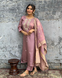 Thumbnail for NOZ2TOZ Women's Viscose Chanderi Onion Party Wear Embroidered Kurta With Pant And Duppata Set - Distacart
