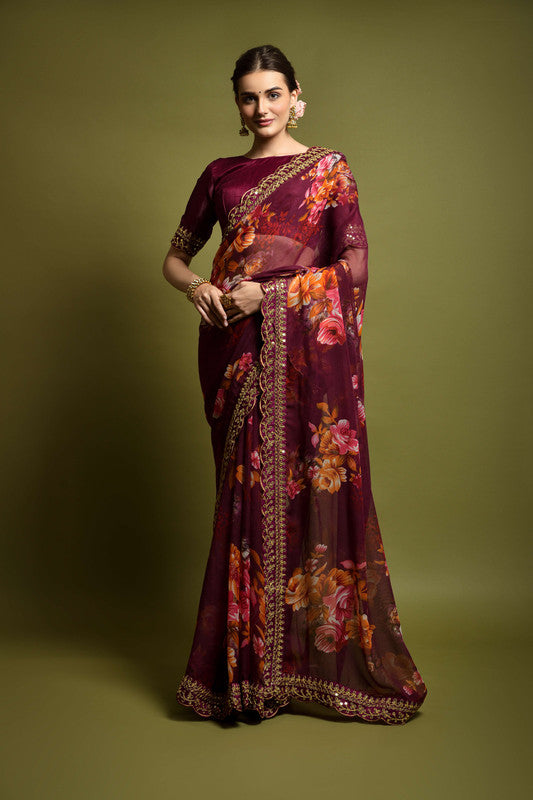 Malishka Women's Wine Georgette Chiffon Floral Print & Embroidery Saree With Blouse Piece - Distacart