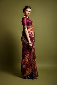 Thumbnail for Malishka Women's Wine Georgette Chiffon Floral Print & Embroidery Saree With Blouse Piece - Distacart