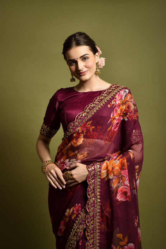 Malishka Women's Wine Georgette Chiffon Floral Print & Embroidery Saree With Blouse Piece - Distacart