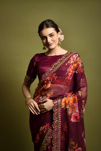 Thumbnail for Malishka Women's Wine Georgette Chiffon Floral Print & Embroidery Saree With Blouse Piece - Distacart