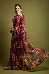 Thumbnail for Malishka Women's Wine Georgette Chiffon Floral Print & Embroidery Saree With Blouse Piece - Distacart