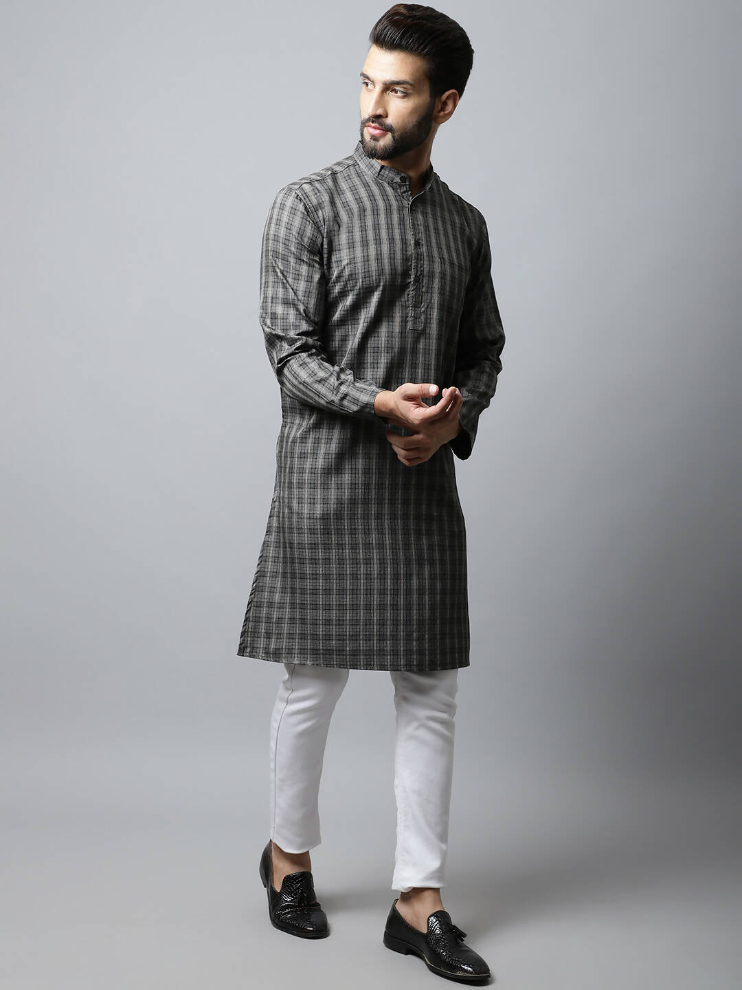 Even Apparels Brown Color Cotton Checked Men's Kurta With Band Collar (CHK1157) - Distacart