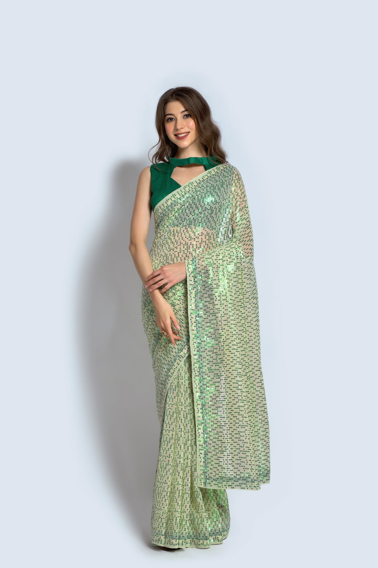 NOZ2TOZ Women Party Wear Designer Green Colour Georgette Silk Fabric Sequence Embroidery Worked Saree - Distacart