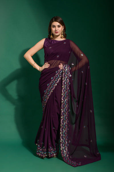 NOZ2TOZ Women Party Wear Designer Purple Colour Heavy Georgette Fabric Sequence Embroidery Worked Saree - Distacart