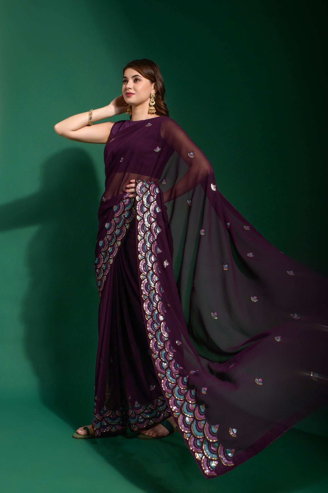 NOZ2TOZ Women Party Wear Designer Purple Colour Heavy Georgette Fabric Sequence Embroidery Worked Saree - Distacart